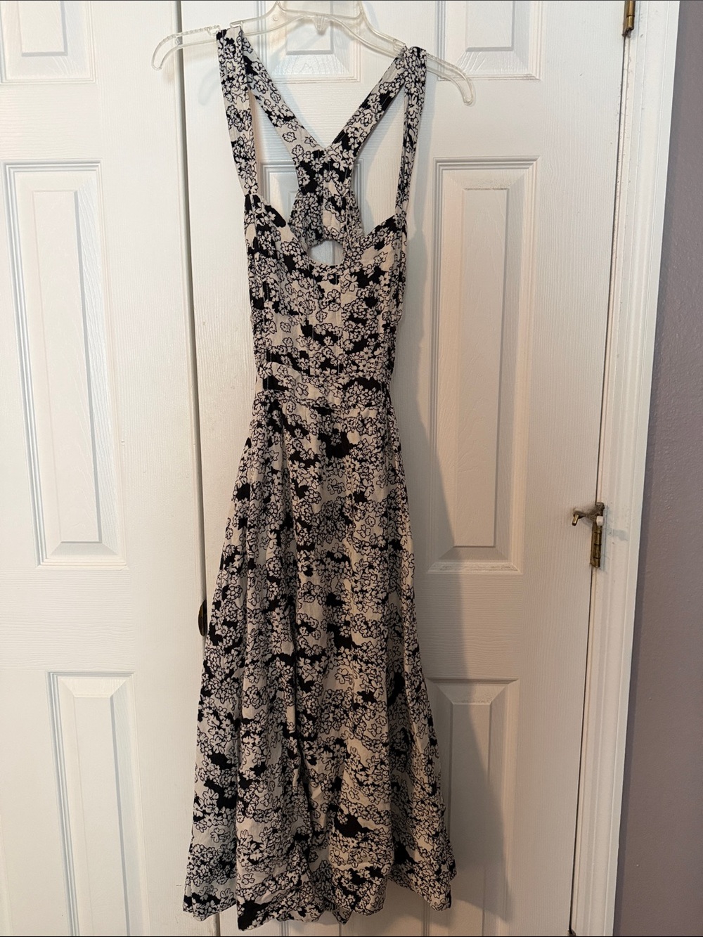 Anthropologie Black and White Floral Linen Midi Dress with Strappy Back